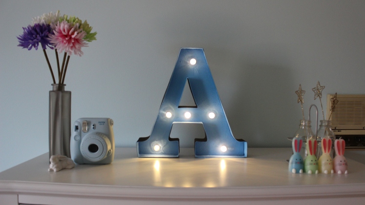 light up letter "A" with flowers, camera, bunnies and star jar